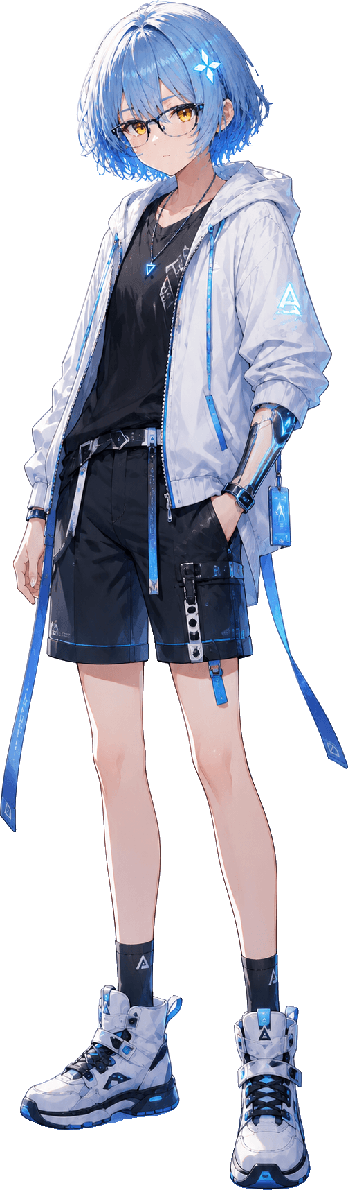 Full-body illustration of Lin Che (Aether-01) — Zero-Domain Observer
